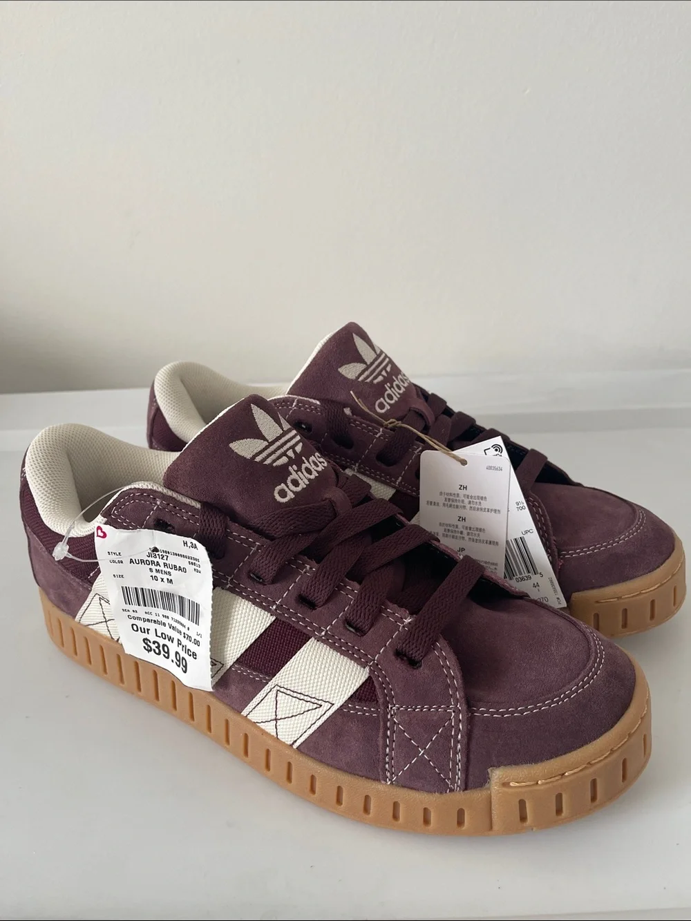 adidas Burgundy and White Suede Low-Top Sneakers with Gum Sole